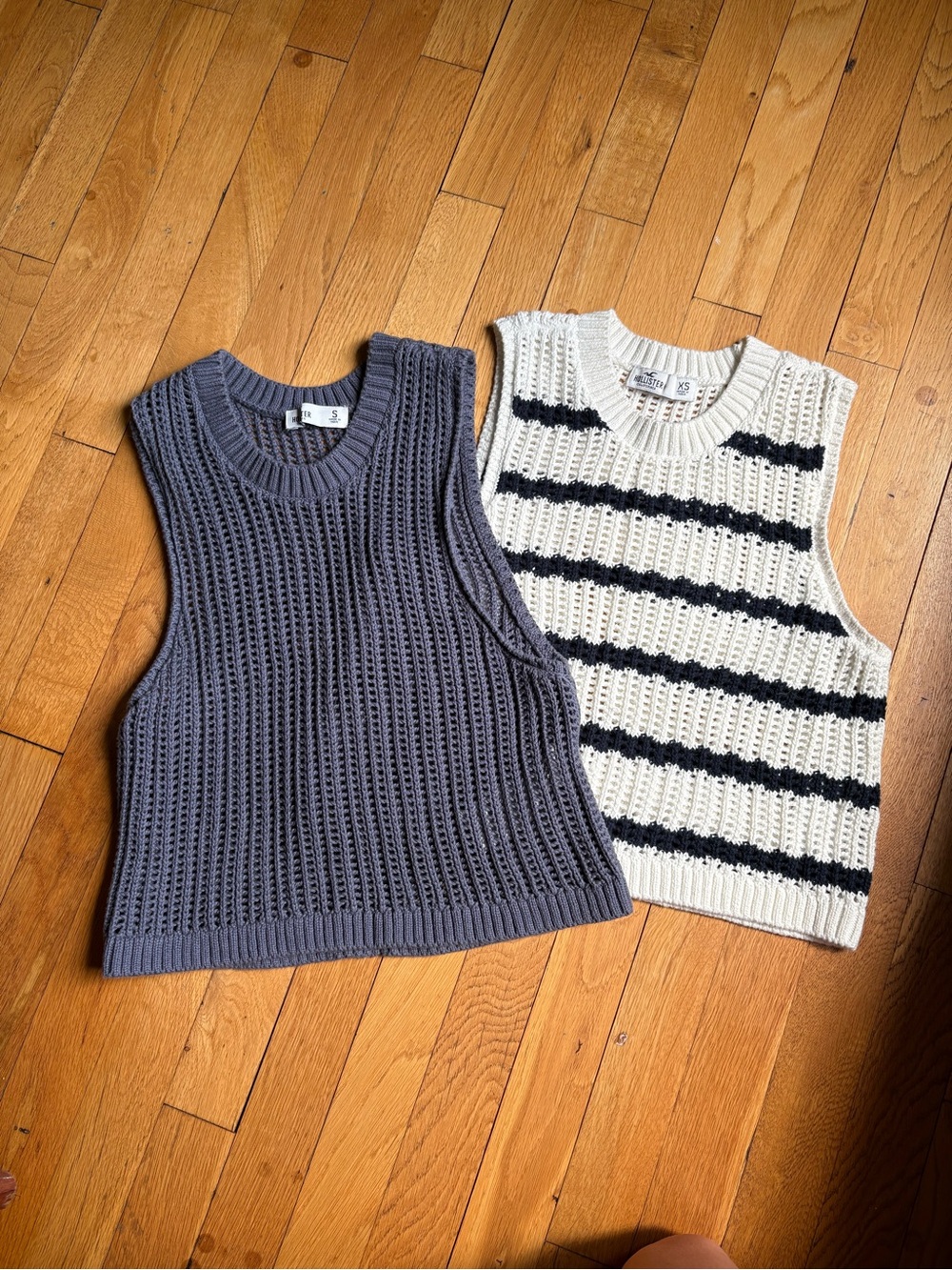 Hollister Knit Sleeveless Crop Tops — Charcoal Gray & Cream with Black Stripes